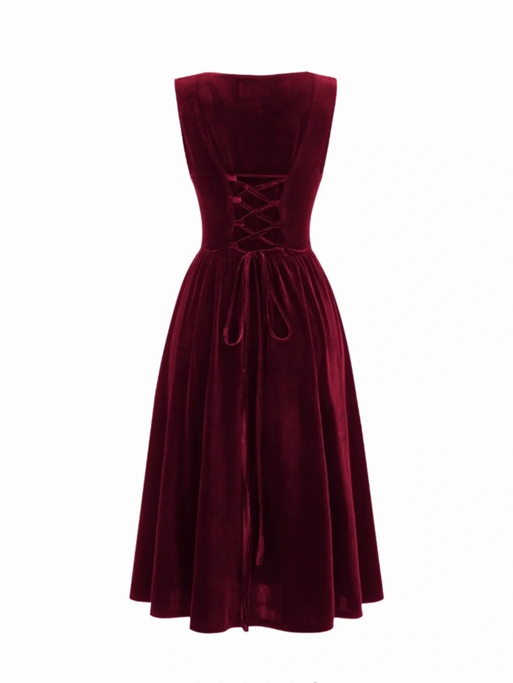 VELVET SQUARE NECK CORSET LACE UP MIDI DRESS - Picture 2 of 4